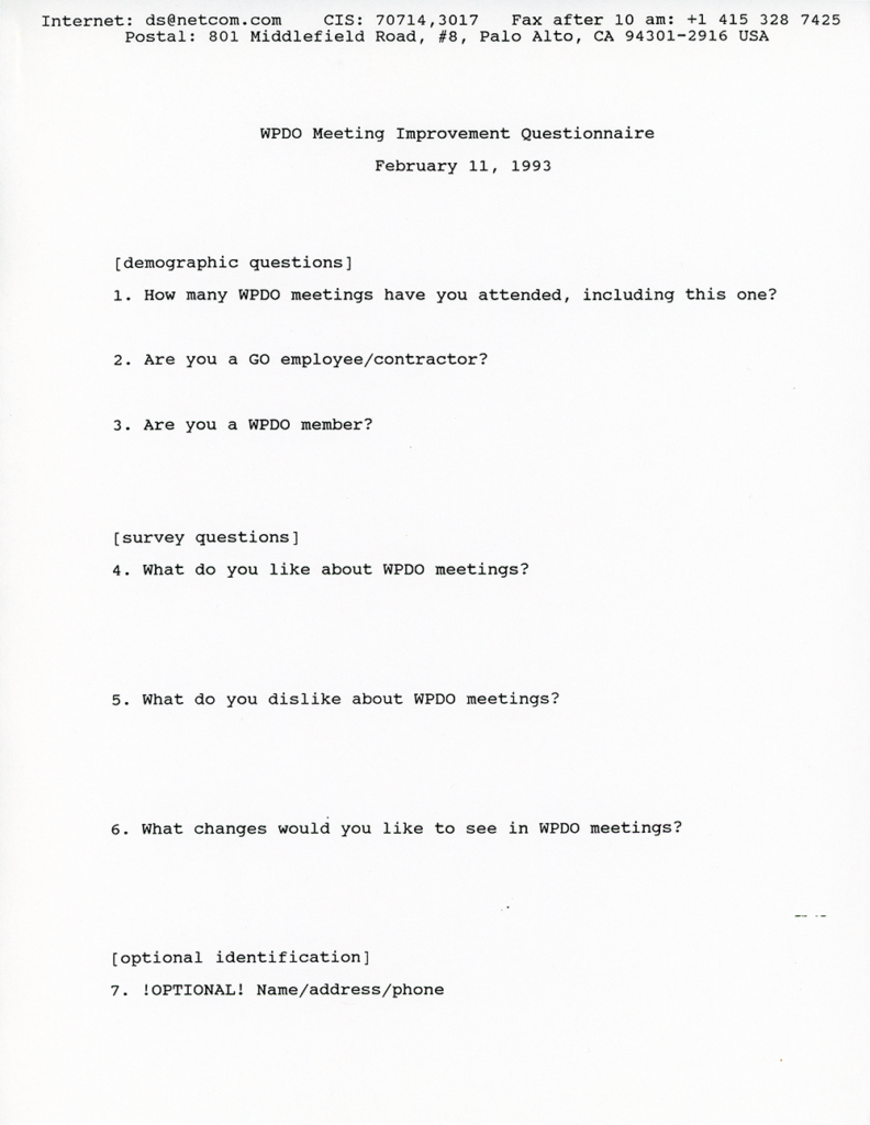 WPDO Meeting Improvement Questionnaire (February 11, 1993)