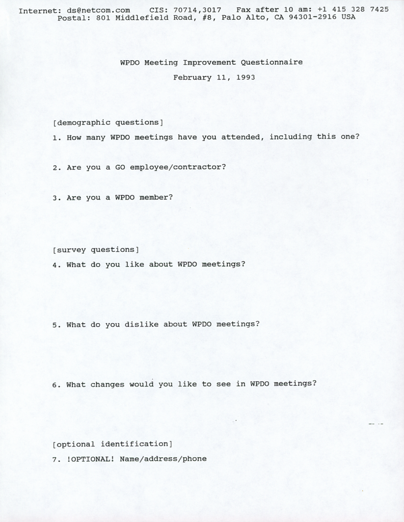 WPDO Meeting Improvement Questionnaire (February 11, 1993)