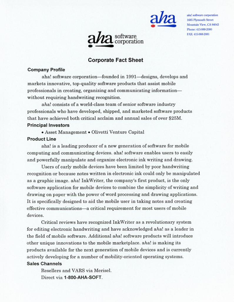 aha! software corporation - Corporate Fact Sheet