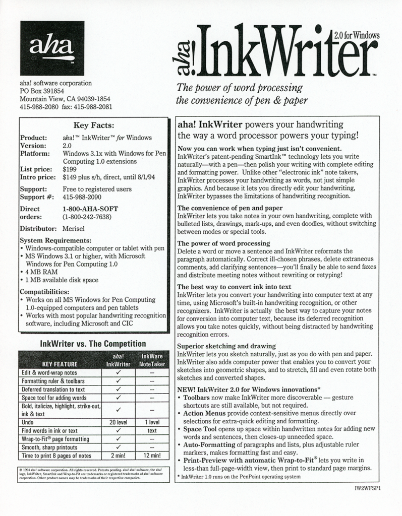 aha! software corp. - InkWriter 2.0 Windows Fact Sheet