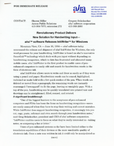 aha! software corp. – InkWriter 2.0 for Windows Press Release