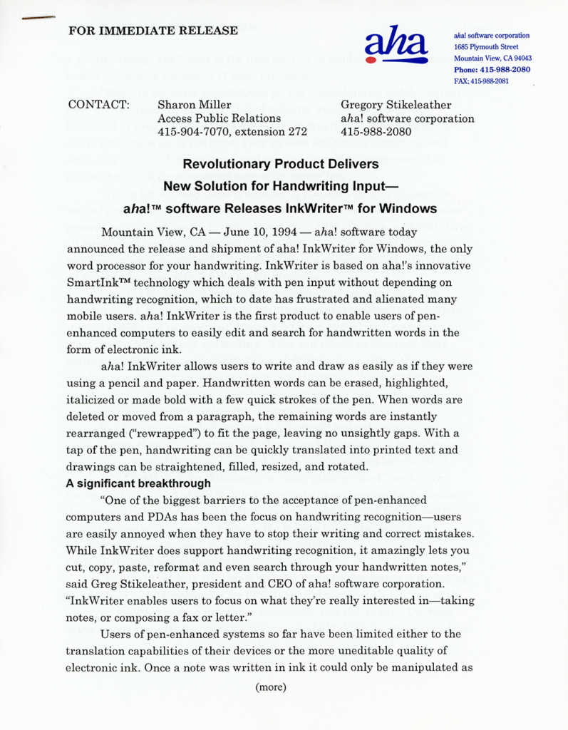 aha! software corp. – InkWriter 2.0 for Windows Press Release