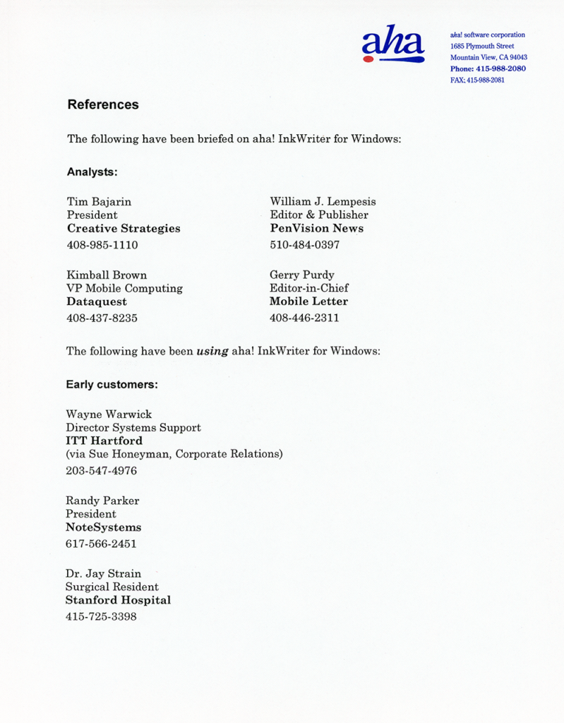 aha! software corporation - InkWriter 2.0 for Windows References