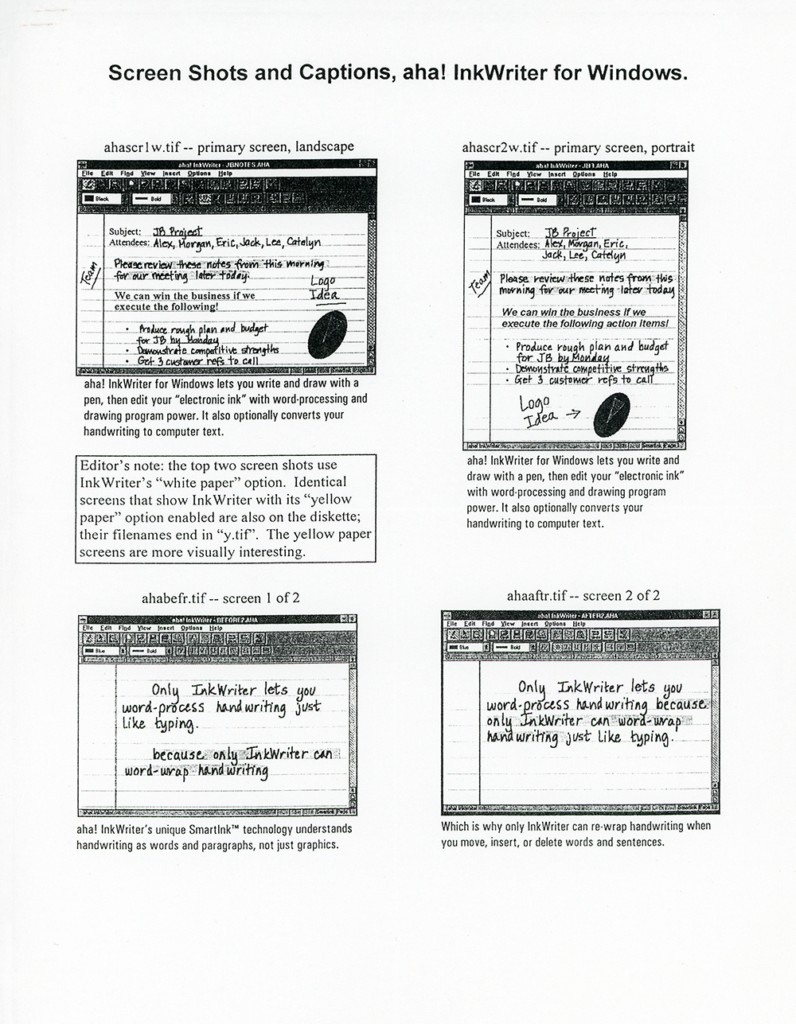 aha! software corp - InkWriter 2.0 Windows Screen Shots and Captions (Document)