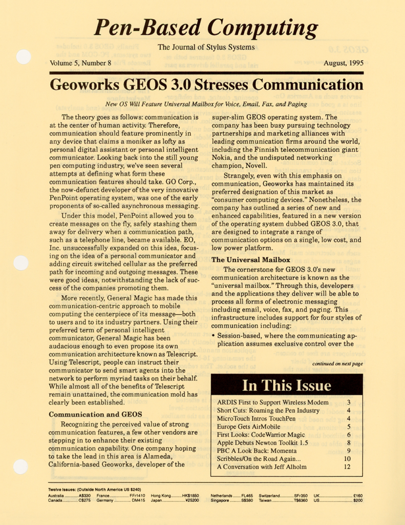 Pen-Based Computing: Volume 5, Number 8 (Cover)