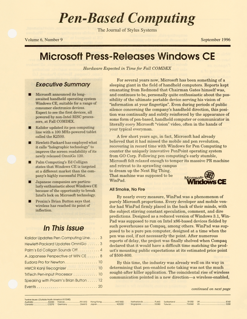 Pen-Based Computing: Volume 6, Number 9 (Cover)